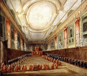 Påven Pius VI (1717-99) och Doge Paolo Renier i SS-kyrkan. Giovanni och Paolo (olja på duk) av Francesco Guardi