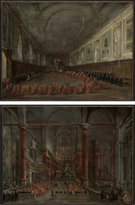 Påven Pius VI går ner på tronen för att ta avsked från dogen i SS Hall. Giovanni e Paolo, 1782 och påvlig ceremoni i SS. Giovanni e Paolo, Venedig, 1782 (par) av Francesco Guardi