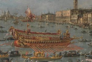 Bucintoro-festivalen i Venedig. Bacino di S. Marco med Bucintoro, Doges State Barge, på Kristi himmelsfärdsdag (detalj), 1780-93 av Francesco Guardi