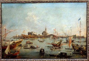 Dogen på Bucentaurus (Bucentoro) i San Nicolo i Venedig på Kristi himmelsfärdsdag Detta är förmodligen Doge Alvise IV Mocenigo (1763-1778). Målning av Francesco Guardi (1712-1793) 1775-1780 sön. 0,67x1m av Francesco Guardi