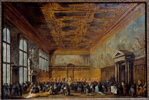 Publiken beviljad av dogen av Venedig (troligen Alvise IV Mocinego (1701-1778)) i College Hall på Ducal Palace of Venice Målning av Francesco Guardi (1712-1793) 1766-1770 Sön. 0,67 x 1,01 m av Francesco Guardi