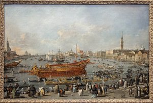 Starten av Bucentaurus (Bucentoro) mot Venedigs Lido på Kristi himmelsfärdsdag, dogen deltar i det stora evenemanget av Kristi himmelsfärdsfirande, Venedigs bröllop med Adriatiska havet till minne av erövringen av Dalmatien på 1300-talet av Francesco Guardi