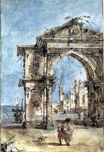 Triumfbåge på banvallen (penna och brunt bläck, tvätt, akvarell, förhöjd med vitt) av Francesco Guardi