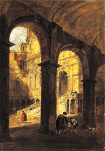 Utsikt över innergården till Palazzo Ducale och jättetrappan (Scala dei Giganti), i Venedig, ca 1780, av Francesco Guardi (1712-1793), olja på duk, 26x39 cm. av Francesco Guardi