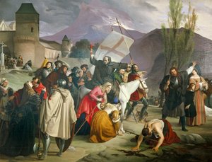 Peter Eremit rider på vit mula med krucifix i handen och cirkulerar genom städer och byar och predikar korståg av Francesco Hayez