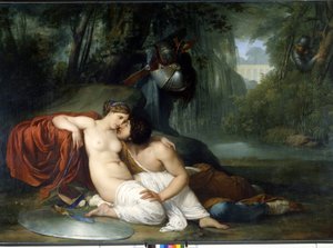 Kärleken till Renaud och Armide Illustration av en scen av "La Jerusalem delivree" (La gerusalemme liberata) av Torquato Tasso (känd som Muggen). Den förtrollande Armide omgiven av mycket symboliska Amours seduit med hjälp av sin magiska spegel riddaren Re av Francesco Hayez