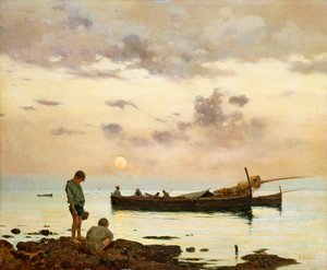 Marina med fiskebåt och pojkar, av Francesco Lojacono (1838-1915), olja på duk, 64x77 cm av Francesco Lojacono
