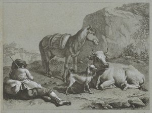Liggande herde med häst, ko och hund Shepherd Scenes (serietitel) av Francesco Londonio