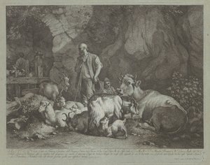 Gammal, skallig herde, sittande herdepojke och flock