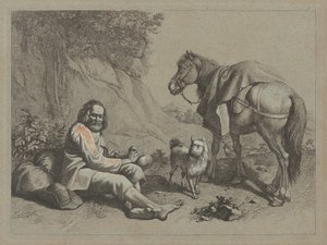 Sittande gammal man på väg att dricka ur en kalebass av Francesco Londonio