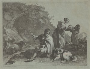 Sittande herdepojke och kvinna som ger en drink till ett barn, 17591782. av Francesco Londonio