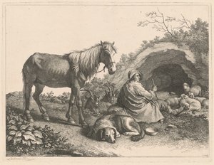 Sittande herde med häst, hund, getter och får, efter 1776.