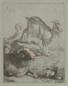 Sittande herdinna, en bagge, ett får och en get, 1759. av Francesco Londonio
