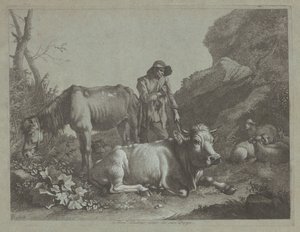 Herde vilar på en käpp med en gammal häst och en liggande tjur, efter 1767. av Francesco Londonio