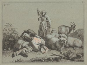 Sovande bonde och stående spinnare, 1763. av Francesco Londonio