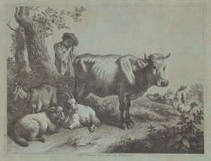 Stående ko och en herdepojke med flock, 1760-talet. av Francesco Londonio