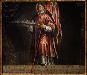 St. Vincent med en modell av staden Vicenza