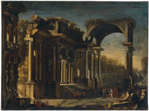 Capriccio med romerska ruiner och Kristus med kvinnan tagen i äktenskapsbrott av Francesco Maglioli