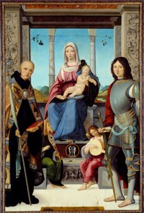 Jungfrun och barnet omgiven av Saint Benedict of Nursie och Saint Quentin med två änglar Målning av Francesco Marmitta (känd mellan 1496 och 1504) 1400-talets sol. 2,2x1,38 m av Francesco Marmitta
