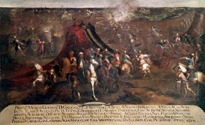 War of Candia (Kreta): "" strid mellan den venetianska flottan av Francesco Morosini (1619-1694) och den turkiska flottan som flyr 1650"" (Kretensiska kriget (1645-69): striden mellan den venetianska och turkiska flottan 1650) Målning av Francesco Monti di