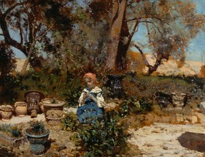 En flicka i trädgården, av Francesco Paolo Michetti (1851-1929), olja på panel, 27x36 cm