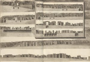 Tvärsnitt, som visar de olika aspekterna av byggnaderna som visas i planen för Pom..., 1804. av Francesco Piranesi