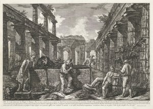 Titeltryck med rester av Neptunus tempel i Paestum med titel på block Olika vyer av resterna av tre stora byggnader som fortfarande står kvar vid Paestum (serietitel) Différentes vues de quelques restes de trois grands édifices qui av Francesco Piranesi