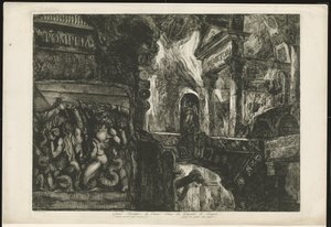 Titelprent sätter tempel i byggfragmenten Pompeia Tome Premier (titel på objekt) Stor frontispice av den första volymen av Pompeïas antikviteter / Templet bränt en andra gång / Jättarnas krig mot Jupiter (titel på objektet) av Francesco Piranesi