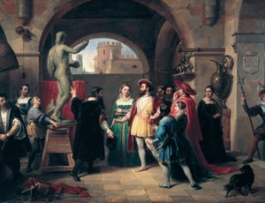 Kung Francois I av Frankrike (1494-1547) besöker Buenvenuto Cellinis (1500-1571) studio i Rom. Målaren ger kungen en skulptur av Sankt Johannes den anonyme evangelistens målning. Roma, Galleria Nazionale d
