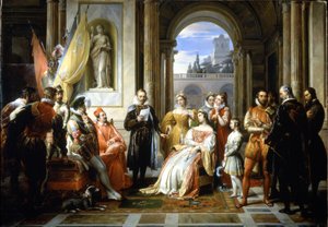 Torquato Tasso (Le Muche) läser sitt Jerusalem delivree (Det befriade Jerusalem) vid hovet i Ferrara. Målning av Francesco Podesti (1800-1895)