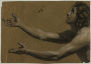 Ung man tittar uppåt med utsträckta armar (recto); Kvinna håller spegel (verso)