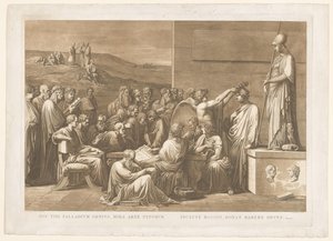 Allegorische verheerlijking van boktryckaren Giovanni Battista Bodoni Detta palladiumgeni, typernas underbara konst / den berömda Bodoni, ger dig äran att ha (titel på objekt)