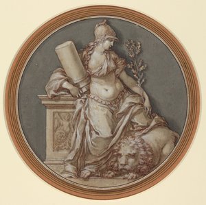 Allegory of Fortitude (penna och brunt bläck med grå och brun lav, upphöjt med vit gouache, över svart krita)