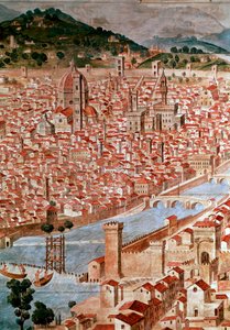 Pianta della Catena Detalj av en karta över staden Florens som kallas "Catena"" på grund av kartans ram i form av en kedja. Realiserad av Francesco di Lorenzo Rosselli (1448-1513) 1490. Florens, Museo Firenze com 