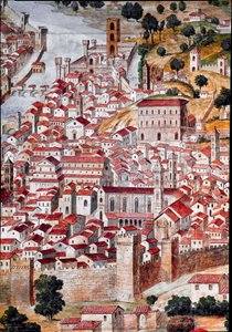 Pianta della Catena Detalj av en karta över staden Florens som kallas "Catena"" på grund av kartans ram i form av en kedja. Realiserad av Francesco di Lorenzo Rosselli (1448-1513) 1490. Florens, Museo Firenze com 