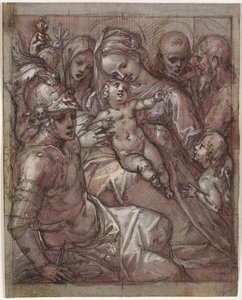 Jungfru Maria och Jesusbarnet med Johannes Döparen som pojke, Bernardino av Siena (?), Katarina av Siena, ärkeängeln Mikael och ett skäggigt helgon