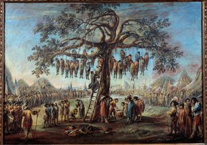 Det hängda trädet Ett makabert spektakel som föreställer fångar som ska tortera genom att hänga på grenarna på ett träd. Illustration inspirerad av en gravyr av serien "Les miseres de la guerre"" av Jacques Callot (1592-1635). Målning av Francesco Simonini