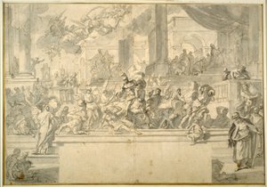 Heliodorus driven från templet (penna och bläck med tvätt över krita på papper) av Francesco Solimena