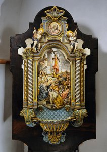 Stor vigvattenfont i målad majolika med central scen från målningen Adoration of the Magi av Francesco Solimena (1657-1747), Italien, 1900-talet av Francesco Solimena