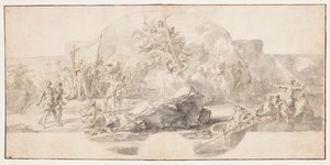 Studie för målning "The Landing of Columbus in America," Sala del Minor Consiglio, Palazzo Ducale, Genua, Italien av Francesco Solimena