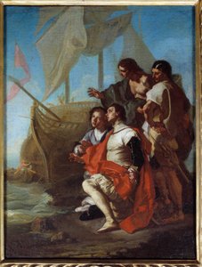 Upptäckaren Christopher Columbus (1451-1506) ankomst till Amerika Målning av Francesco Solimena dit l