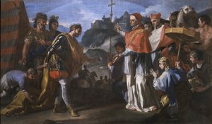 Mötet mellan långobardernas kung Ratchis och påven Zacharias under belägringen av Perugia. av Francesco Solimena