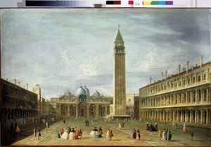 Markusplatsen (San Marco) (eller Piazzetta) i Venedig med Markuskyrkan och Campanile. (Markusplatsen i Venedig). Målning av Francesco Tironi (1745-1797). Olja på duk, 72 x 109 cm. Venetiansk konst från 1700-talet. Statens museum Ark