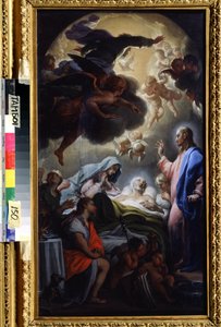 Josefs död (Josefs död). Representation av den heliga treenigheten: Jesus Kristus, Gud och den helige Andes duva (Helig Ande). Målning av Francesco Trevisani (1656-1746). Olja på duk, 69,5 x 39,5 cm