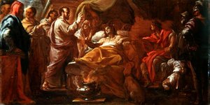 Studie för St. Matthew Resuscitating the Son of the King of Etiopia (olja på duk)