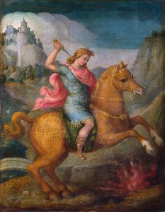 ""Marcus Curtius"" Den tappre Marcus Curtius, en romersk medborgare, offrar sig själv till de romerska gudarna genom att kasta sig in i en klyfta i ett forum 362 f.Kr. - Målning av Francesco Ubertini eller Francesco d