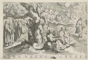 Karta över Siena (överst till vänster) Senavetus civitas virginis (titel på objekt)