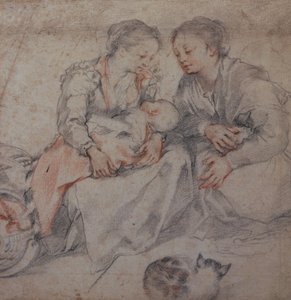 Två kvinnor och en baby med en katt (krita)