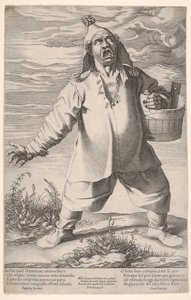 Geminiano Caldarostaro gråter och håller ett badkar, med en hatt med tofs, ca. 1597-1601.