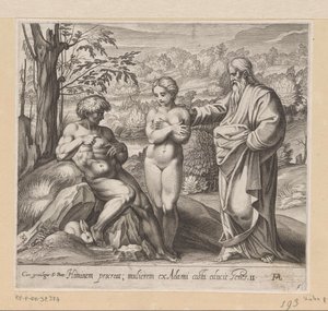 Gud skapar man och kvinna Målningar i Raphaels Loggia (serietitel) La Sacra Genesi (serietitel) av Francesco Villamena